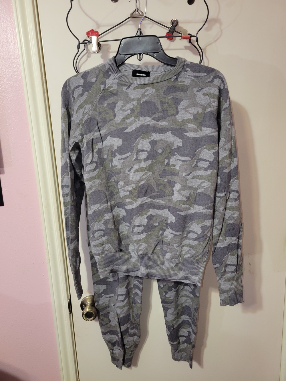Monrow Gray and Olive Camo Knit Sweater Set